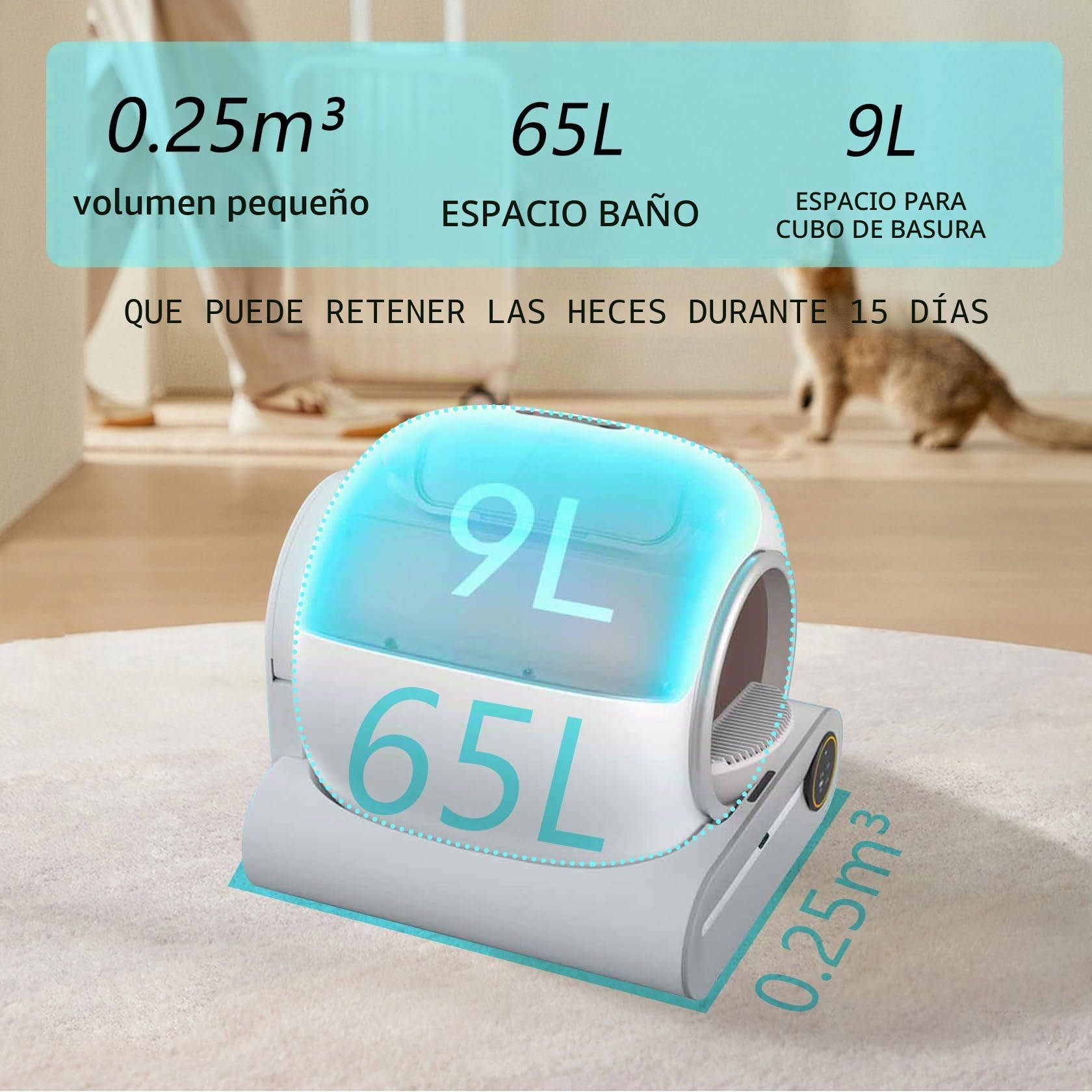 Arenero Gatos Autolimpiable, Arenero Automatico, 65L XXL | Desodorizante, Controlado por Aplicación, Cagadero Autolimpiable Grande, Adecuado para Varios Gatos