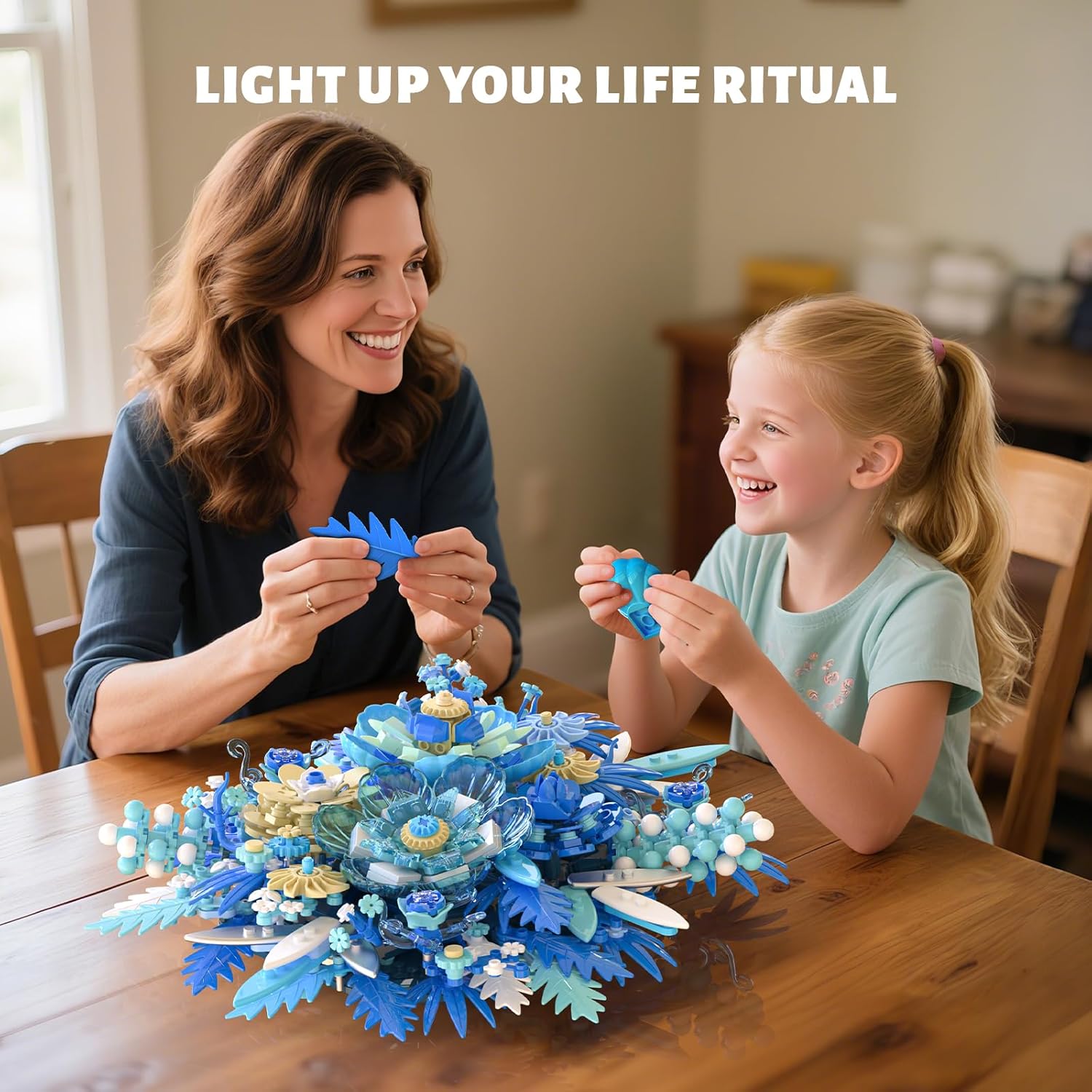Blue Flowers Bouquet Building Sets, Artificial Flower Botanical Collection, Home Decor Office Wall Art Plant Decoration, Building Toys Gifts for Adults Women and Kids Girls Age 8-12 (917 PCS)