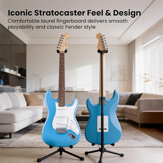Fender Squier Stratocaster - California Blue Bundle with Frontman 10G Amplifier, Gig Bag, Strap, Instrument Cable, Picks, and Austin Bazaar Instructional DVD