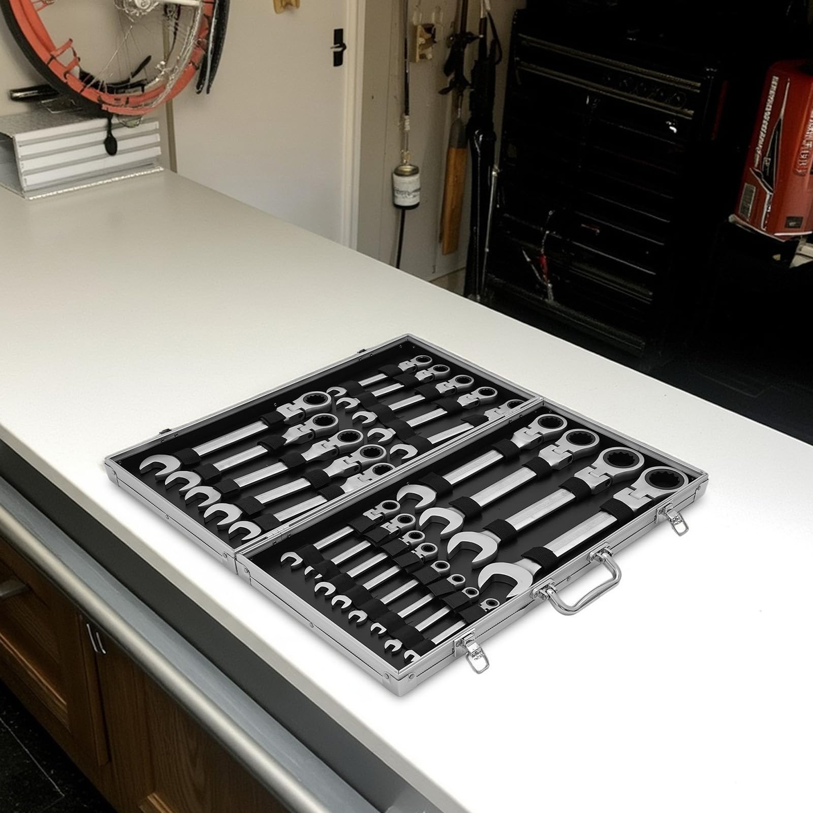 Juego de llaves fijas de 22 piezas, 6-32 mm, juego de llaves de carraca articuladas con maletín de herramientas, kit de llave fija portátil para reparación de bicicletas y reparación de