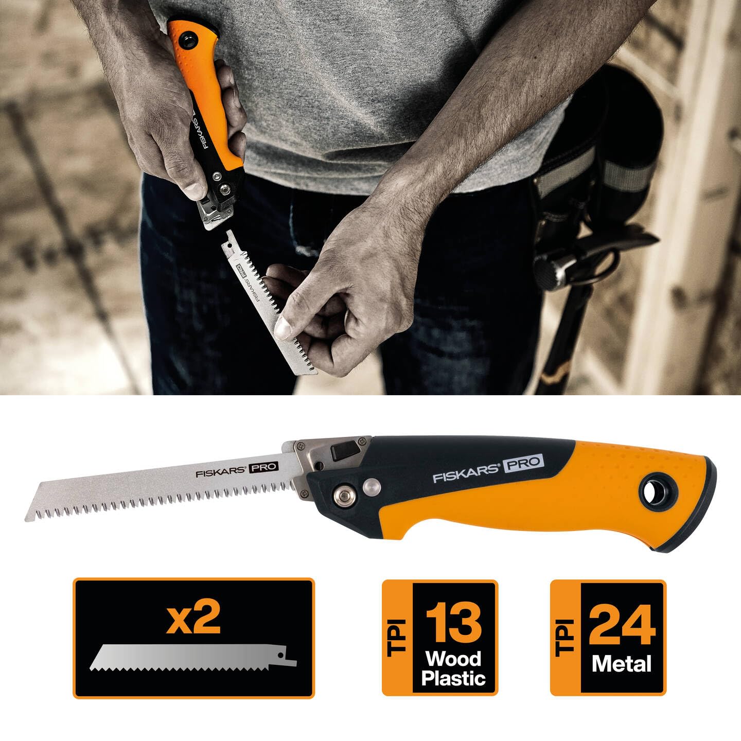 Fiskars Pro Scie pliante compacte, 2 lames de scie incluses, Longueur de la lame : 15 cm, 13 TPI et 24 TPI, Noir/orange, PowerTooth, 1062934