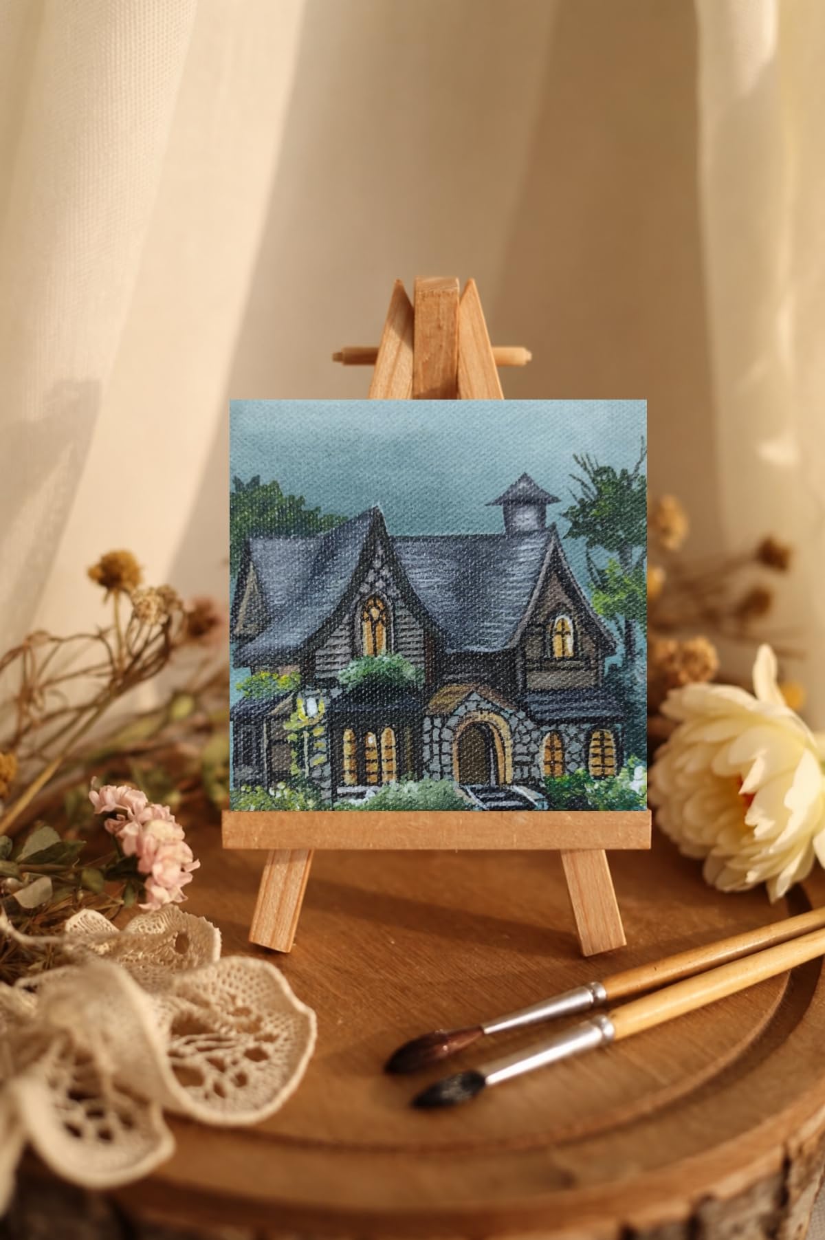 Fantasy mansion,Mini Acrylic Painting with Wooden Easel Stand, 4x4 Inch | Couple and sky, Canvas Painting, Tabletop Display, shooting star, Hand Painted-image-46