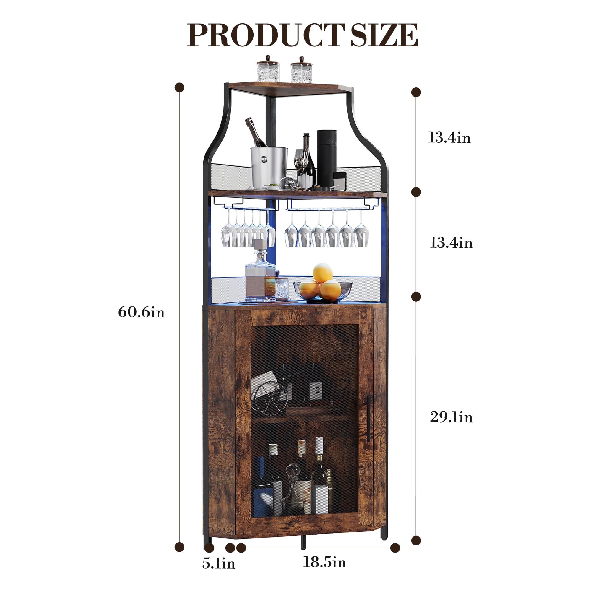 GarveeTech Eckbar Weinschrank Mit LED-Beleuchtung – 5-Stufiger Industrie-Bar-Schrank Mit Glasständer, Moderner Spirituosenschrank Mit Höhenverstellbarem Regal & Maschentür – Home Bar Cabinet, Braun