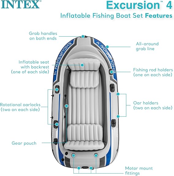 INTEX 68324EP Excursion 4 Inflatable 4-Person Fishing Boat Raft Set for Adults with Motor Mount Kit, for River and Lake (Motor Not Included)