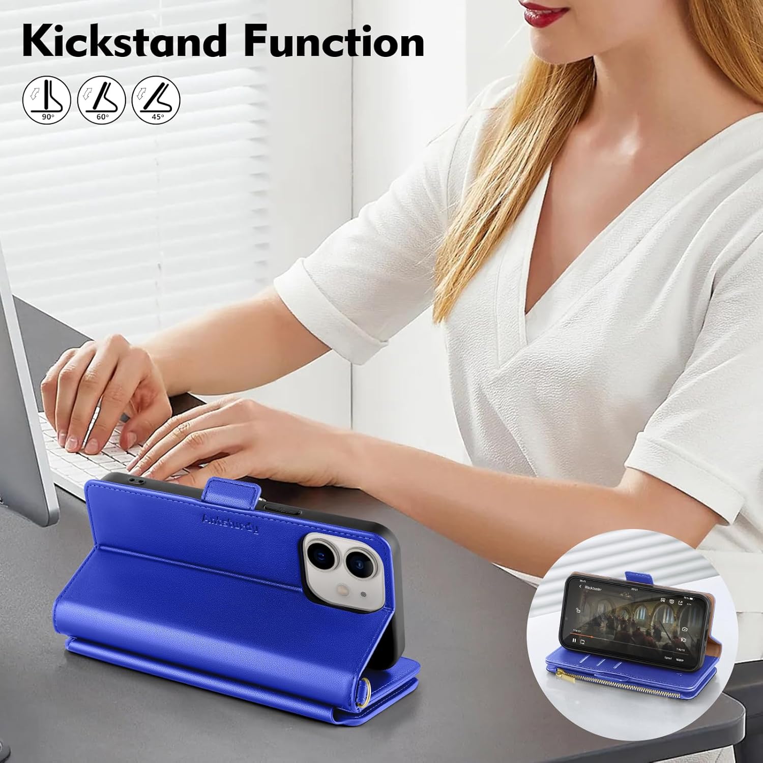 Antsturdy Compatible with iPhone 12 mini Wallet Case,RFID Blocking PU Leather Phone Case Women Men Kickstand Flip Cover Wrist Strap Zipper Credit Card Holder Slots,for Apple 12 mini,Purple Blue