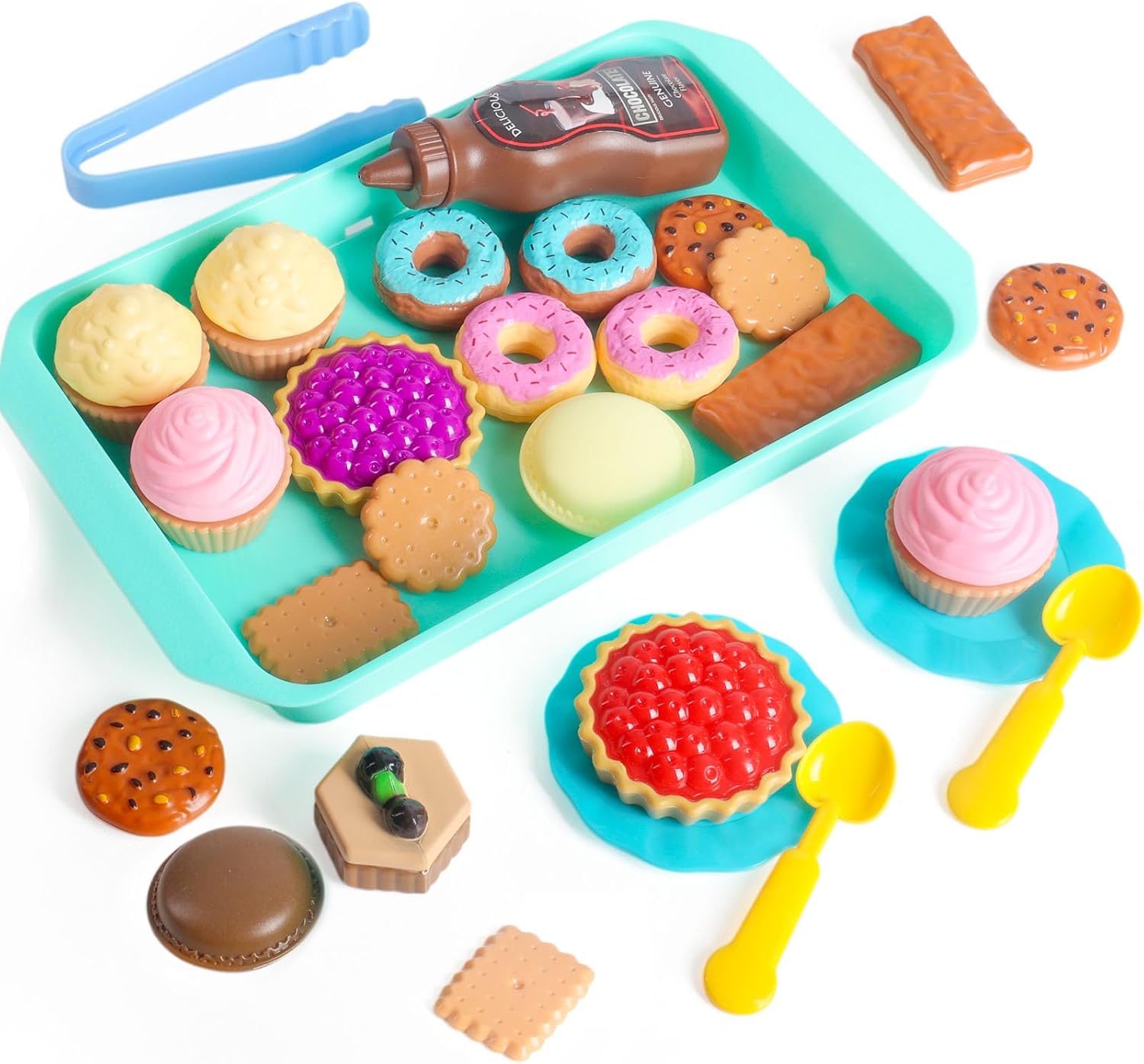 LOVESTOWN Pretend Play Desserts Toy Set - 29 PCS Kids Desserts Fake Food for Tea Party & Birthday Gift