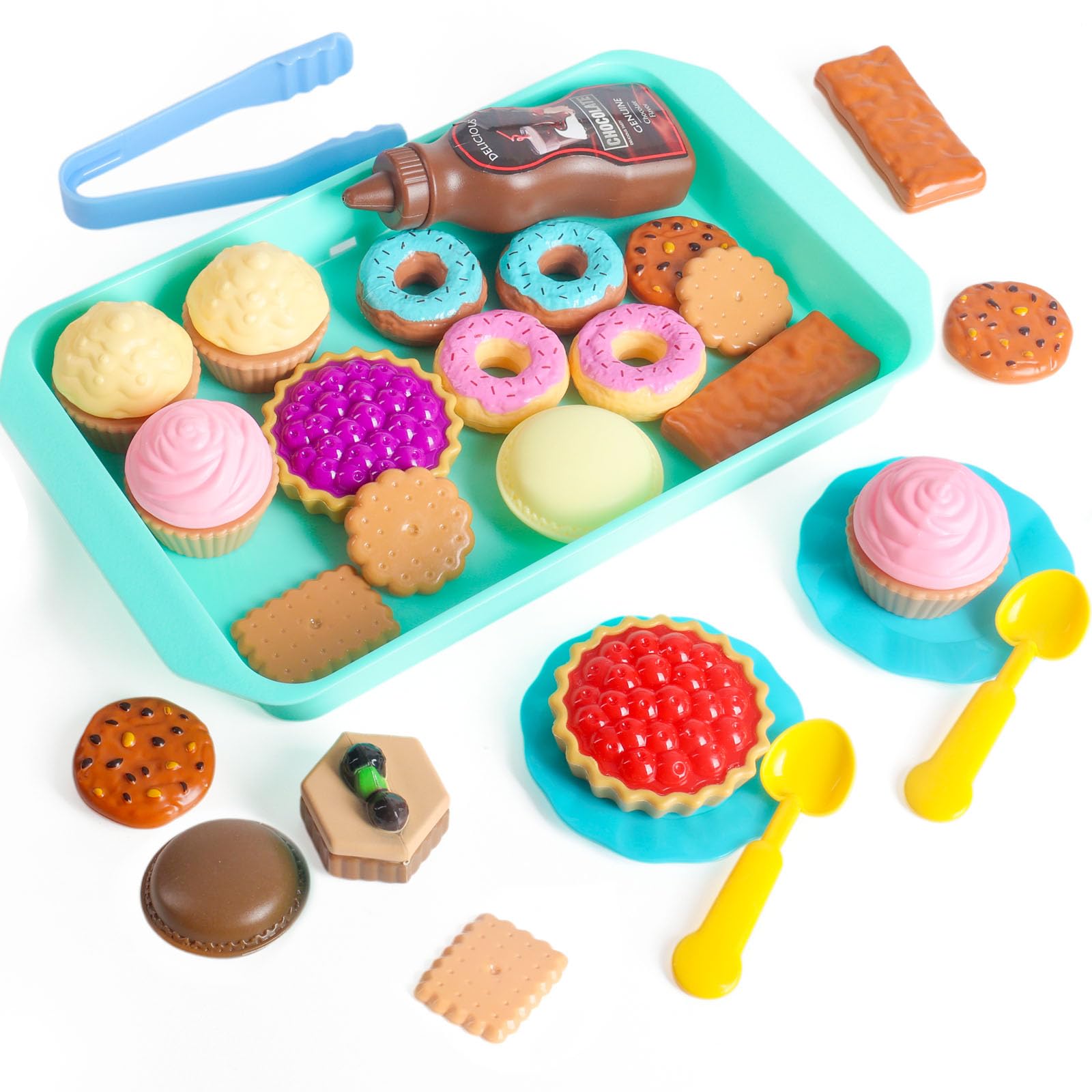 LOVESTOWN Pretend Play Desserts Toy Set - 29 PCS Kids Desserts Fake Food for Tea Party & Birthday Gift