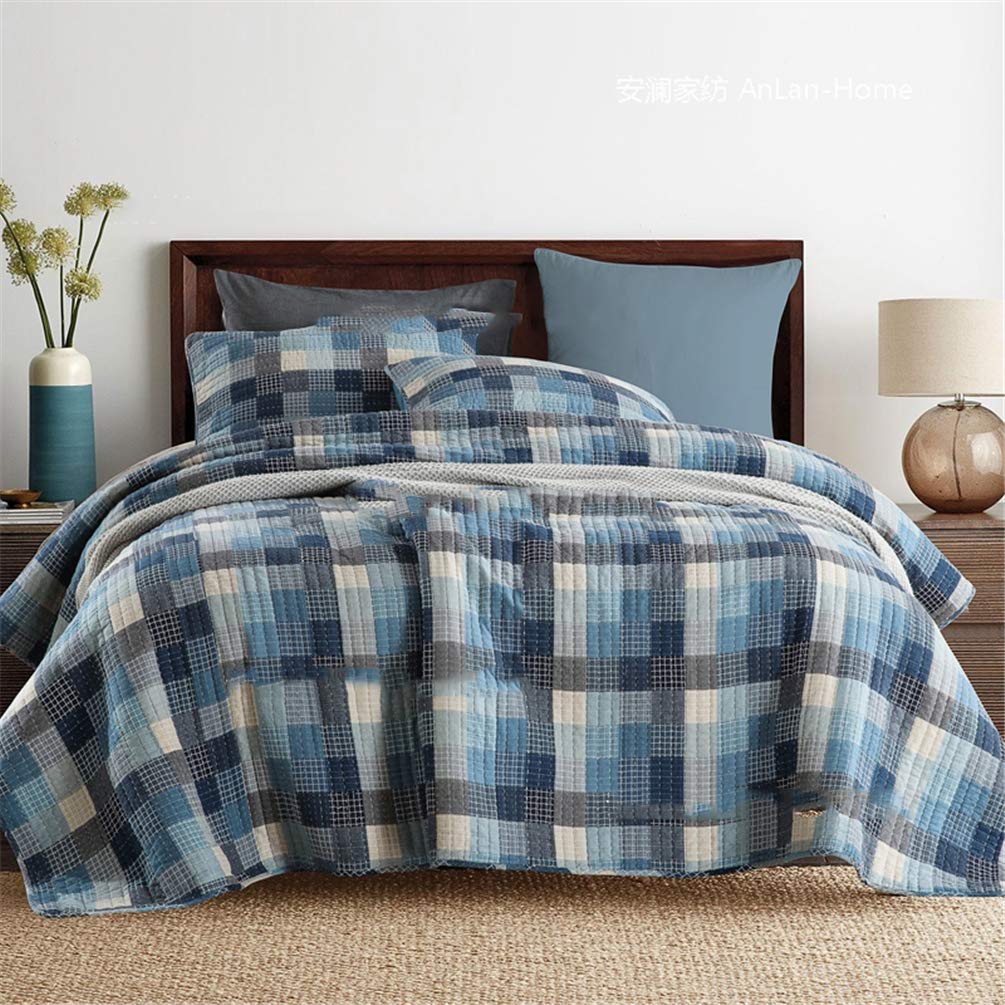 Couvre-lit matelassé patchwork King Size bleu imprimé 230x250 cm avec 2 taies d'oreiller en coton