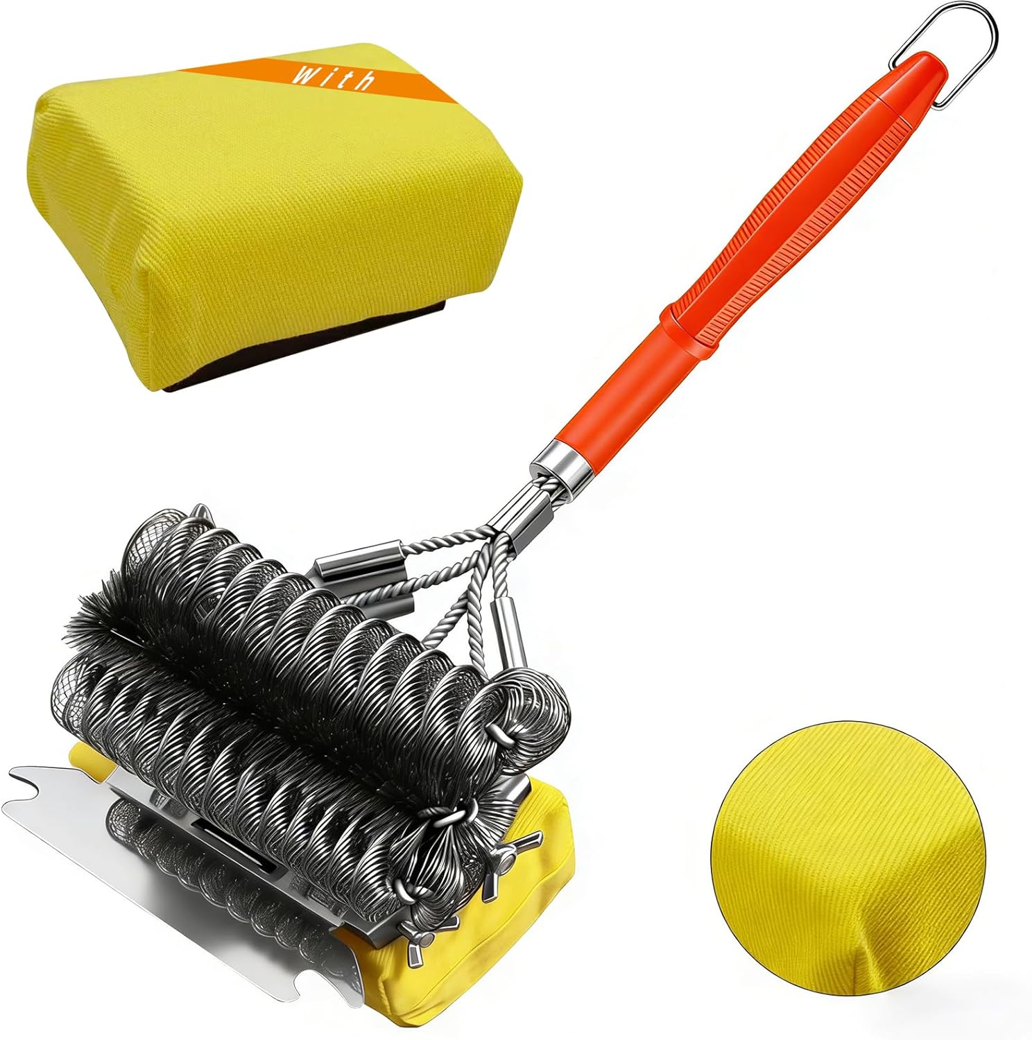 3-in-1 Grill Brush and Scraper with 2 Sponges, 18" Heavy Duty Stainless Steel Bristle BBQ Cleaner, Heat Resistant Barbecue Grilling Tool, Ideal Outdoor Gift for Men & Dad (Orange)