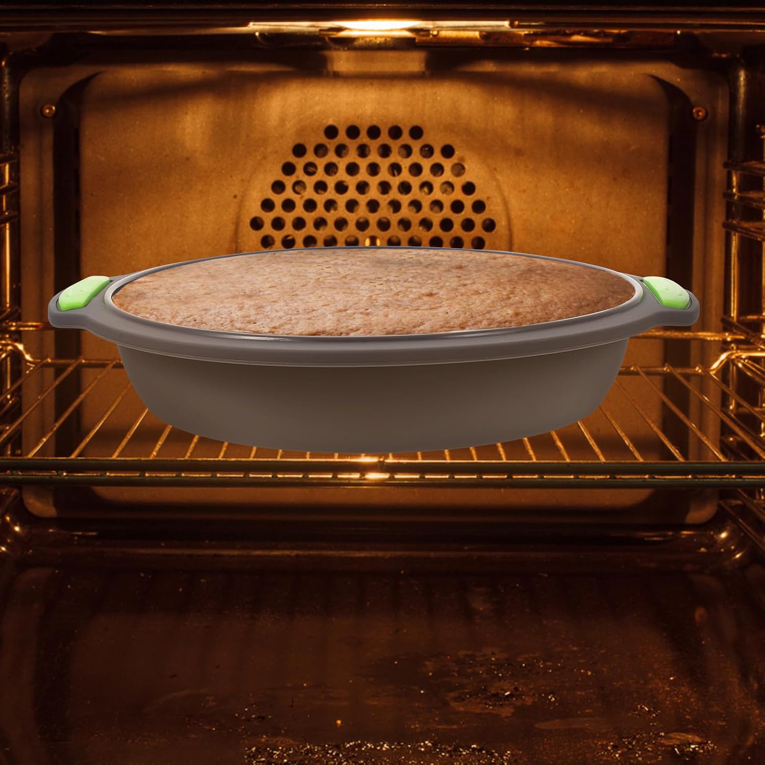 Heat-resistant 9.5-inch Silicone Cake Pan with Non-stick Surface, Gray Mold with Green Handle, Oven-safe round Baking Mold for Cakes and Bread