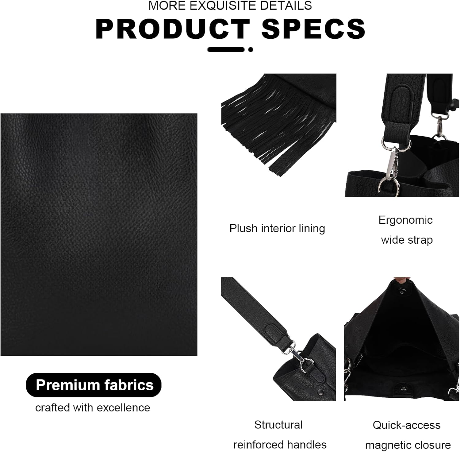 Black Faux Leather Hobo Shoulder Bag with Tassel, Stylish Purse & Handbag for Women, Lightweight Large Tote with 2PC - Image 7