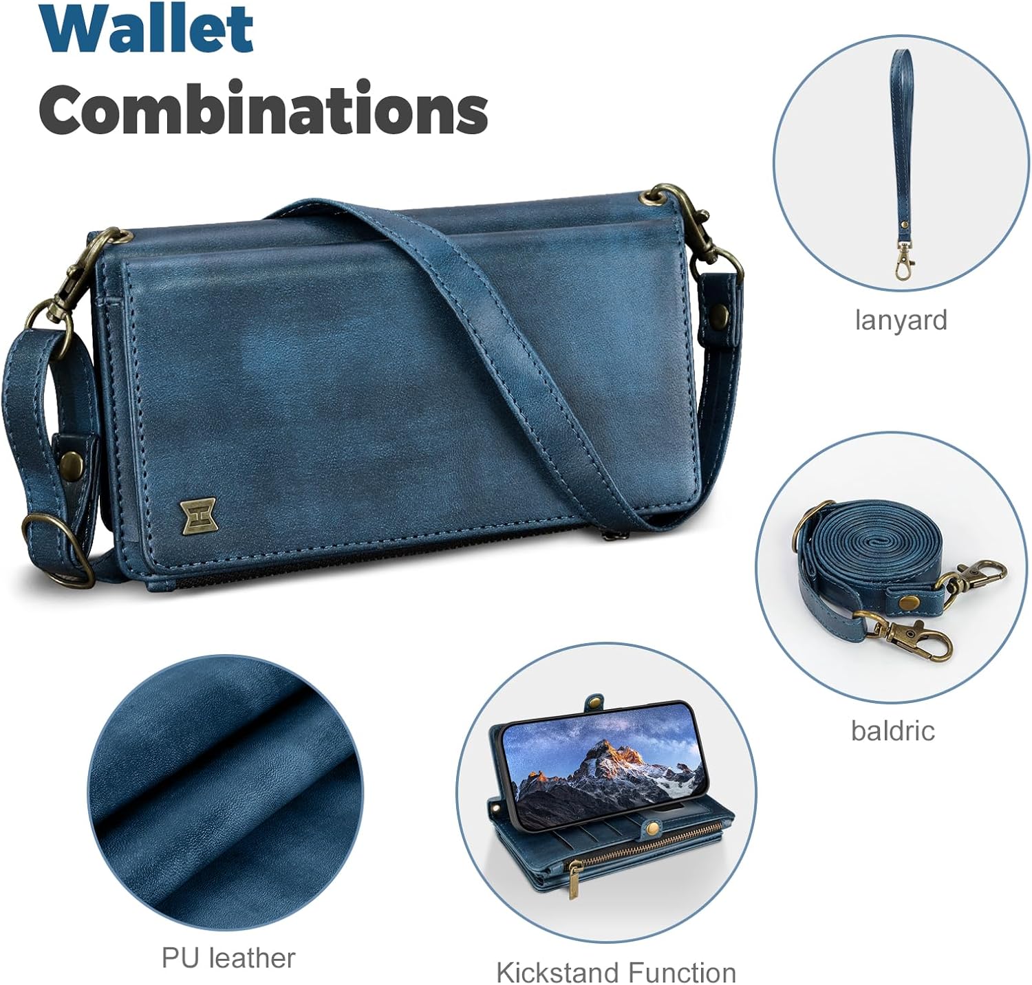 for iPhone 15 Pro Max Wallet Phone Case with 8 Card Holder,RFID Blocking | PU Leather | Kickstand | Flip | Wrist Strap&Shoulder Strap | Shockproof | Zipper Wallet | Women Men | 6.7" | Blue - Image 2