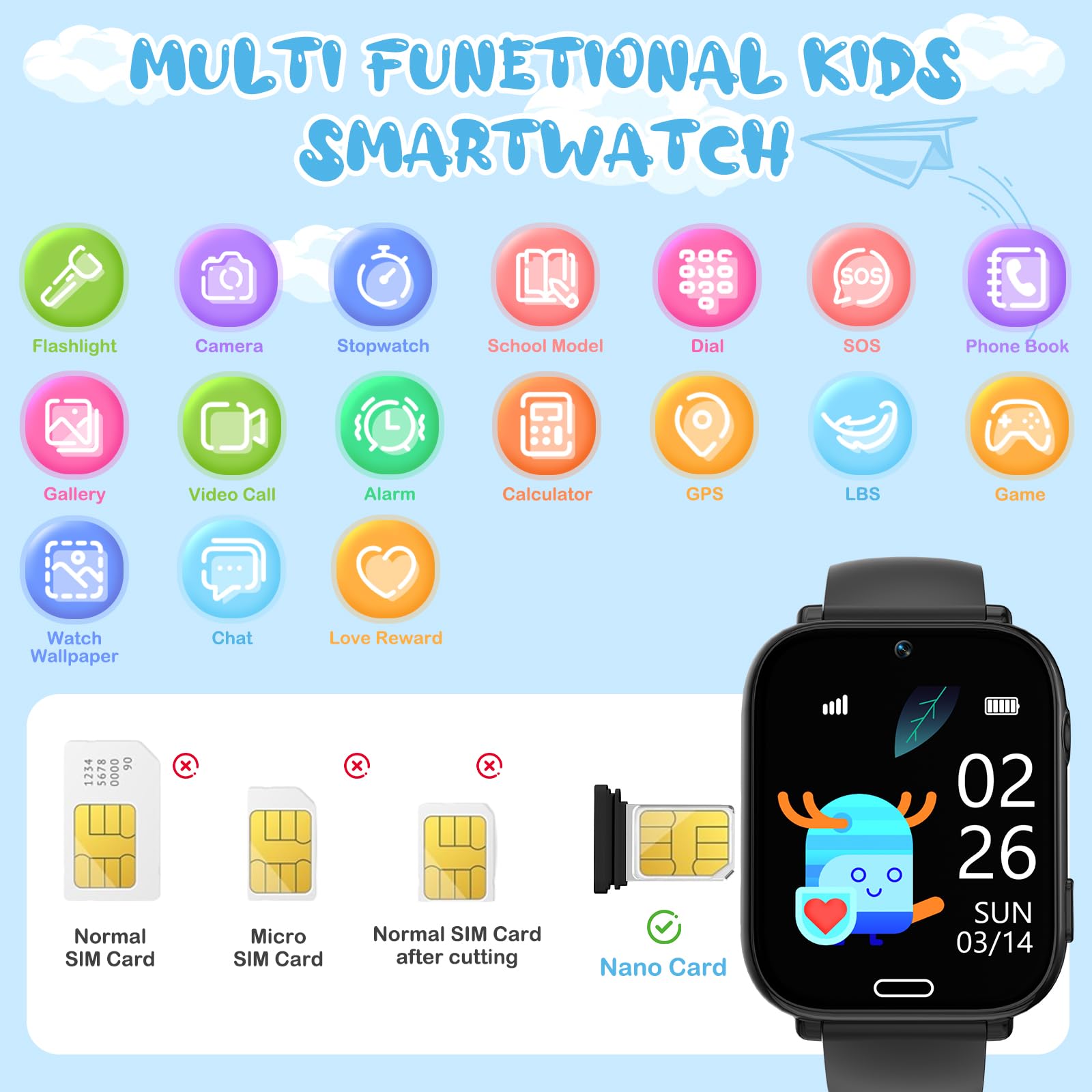 POFIBO Kids Smart Watch Boys Girls, 4G Kids GPS Tracker Watch with Phone, Video Calls, Voice Chat, SOS, Games, Alarm Clock, School Mode, Torch, Smart Watch for Boys Girls 4-16 Years — view 6