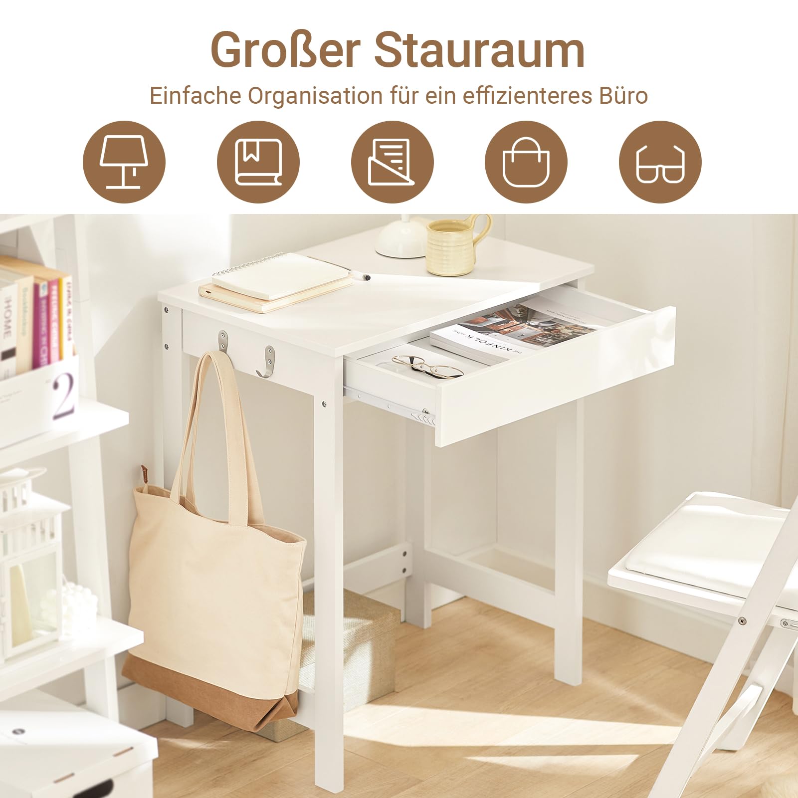 SoBuy Kompakter Schreibtisch Computertisch mit 1 Schublade und 2 Haken Kleiner Tisch für Homeoffice Arbeitstisch PC Tisch Möbel fürs Arbeitszimmer Weiß 60x77x40cm FWT43-W