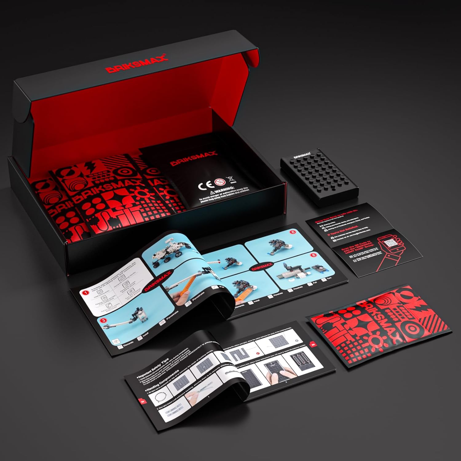 An image detailing the contents of the BRIKSMAX LED lighting kit package, including various LED lights, expansion boards, connecting cables, a battery box, and a USB power cable.