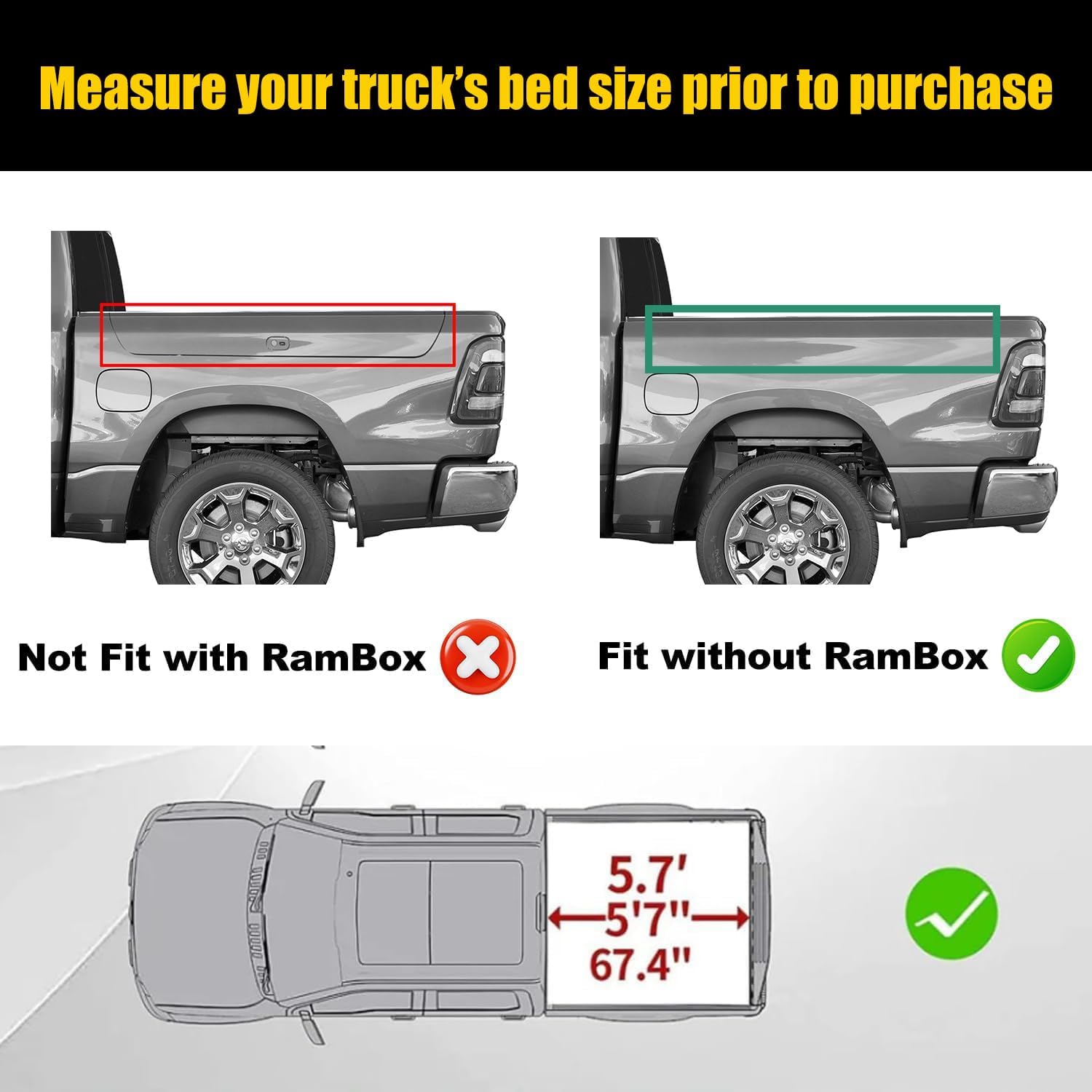 TTX LIGHTING 5.7FT Truck Bed Mat Fit for 2019-2026 Dodge Ram 1500/1500 RHO & 2019-2024 RAM 1500 Classic Accessories, All Weather TPE Heavy Duty Pickup 5'7'' Bed Mat(Won't fit Rambox)