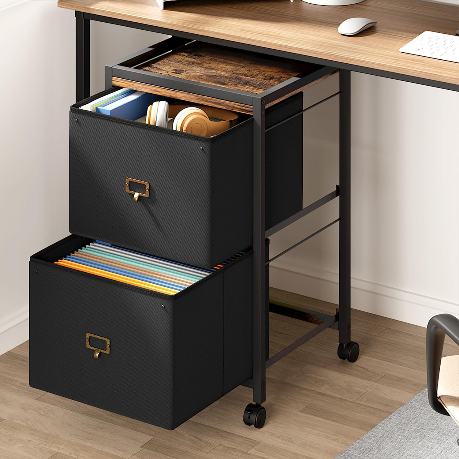 CABIHOME File Cabinet with 2 Drawers, Fabric Vertical Mobile Filing Cabinet Fits Letter Size or A4, with Wheels, for Home Office, Small Under Desk Storage, Black