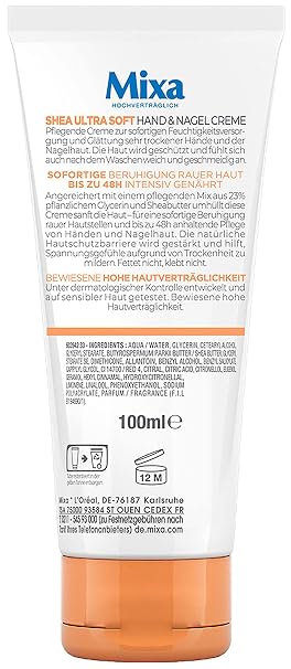 mixa shea ultra soft hand & nail cream - nourishing hand balm for dry cracked and rough hands protection & intensive care with glycerine and shea butter 100 ml