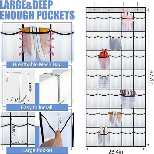 Miniatura 9 de 2 piezas de 70 bolsillos grandes de malla negra sobre la puerta, organizador de zapatos para colgar detrás de la puerta, soporte antideslizante para