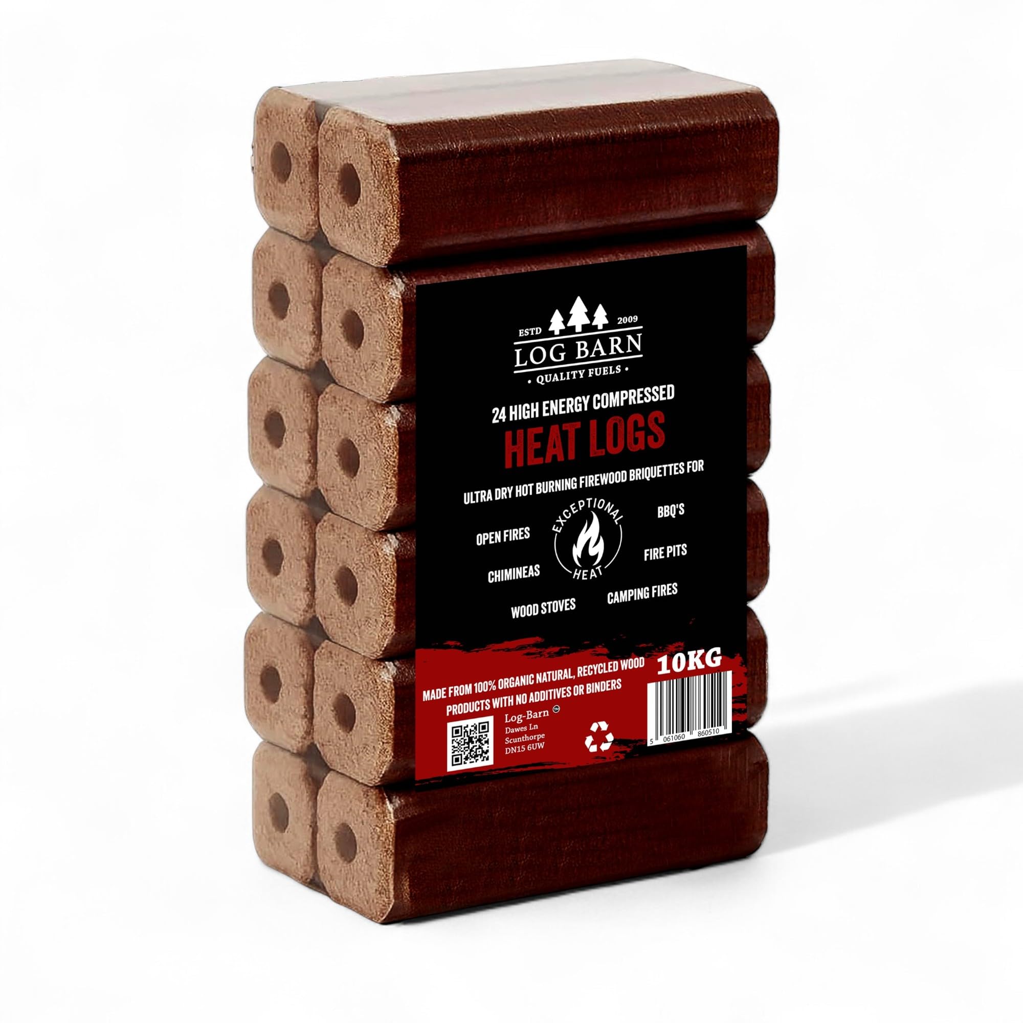 Log Barn 12 High Energy Compressed Heat Logs (1x10kg) Ultra Dry Hot Burning Firewood Briquettes for Open fires, Wood Stoves, BBQ's, Camping Fires, Fire Pits, Chimineas