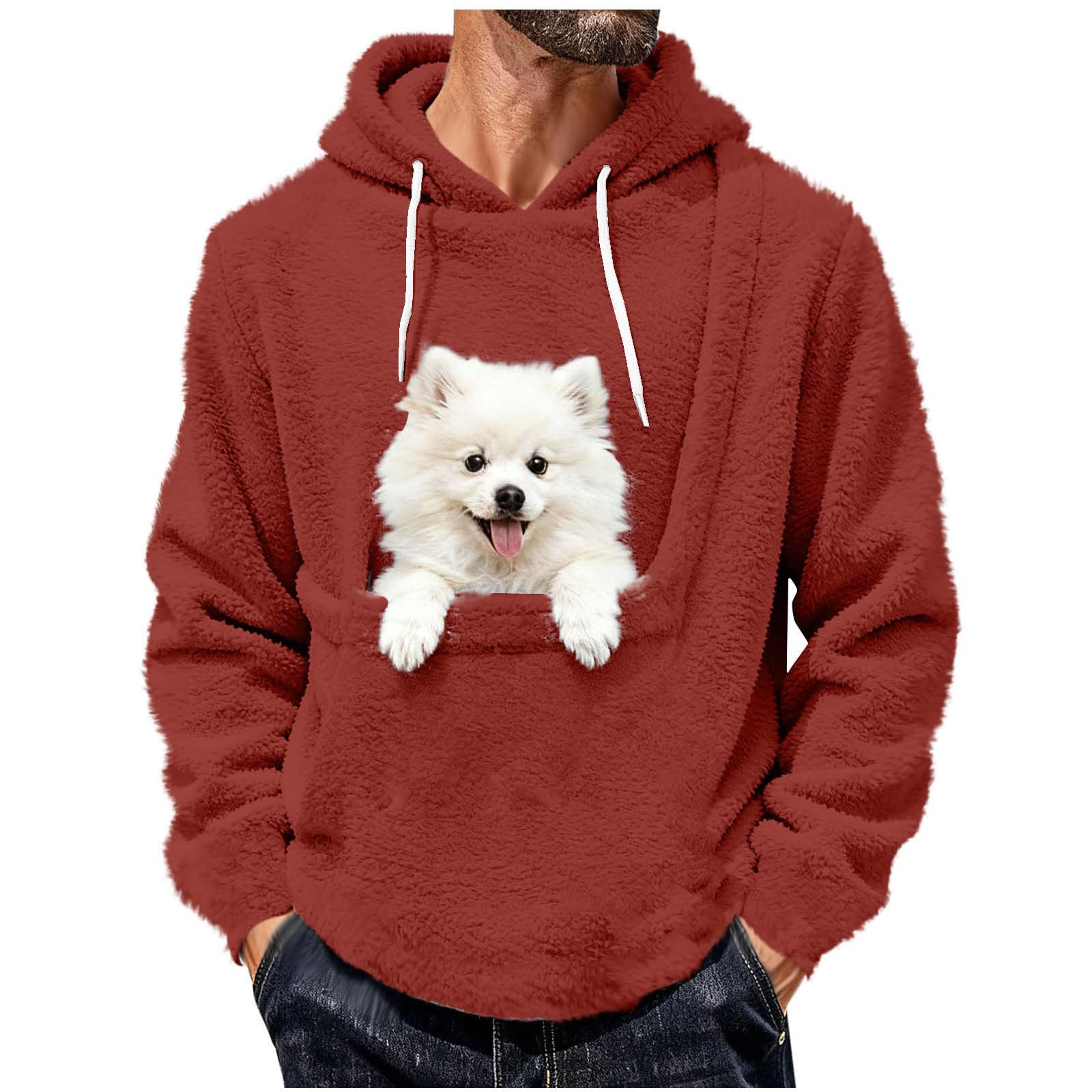 Mens Hoodies Sherpa Pet Pouch Hoodies For Men Cat Dog Carrier Hoodie With Pet Pocket Winter Solid Color Long Sleeve Pullover Sweatshirt Kangaroo Casual Warm Hooded Tops Fuzzy Fleece Oversized Jumpers