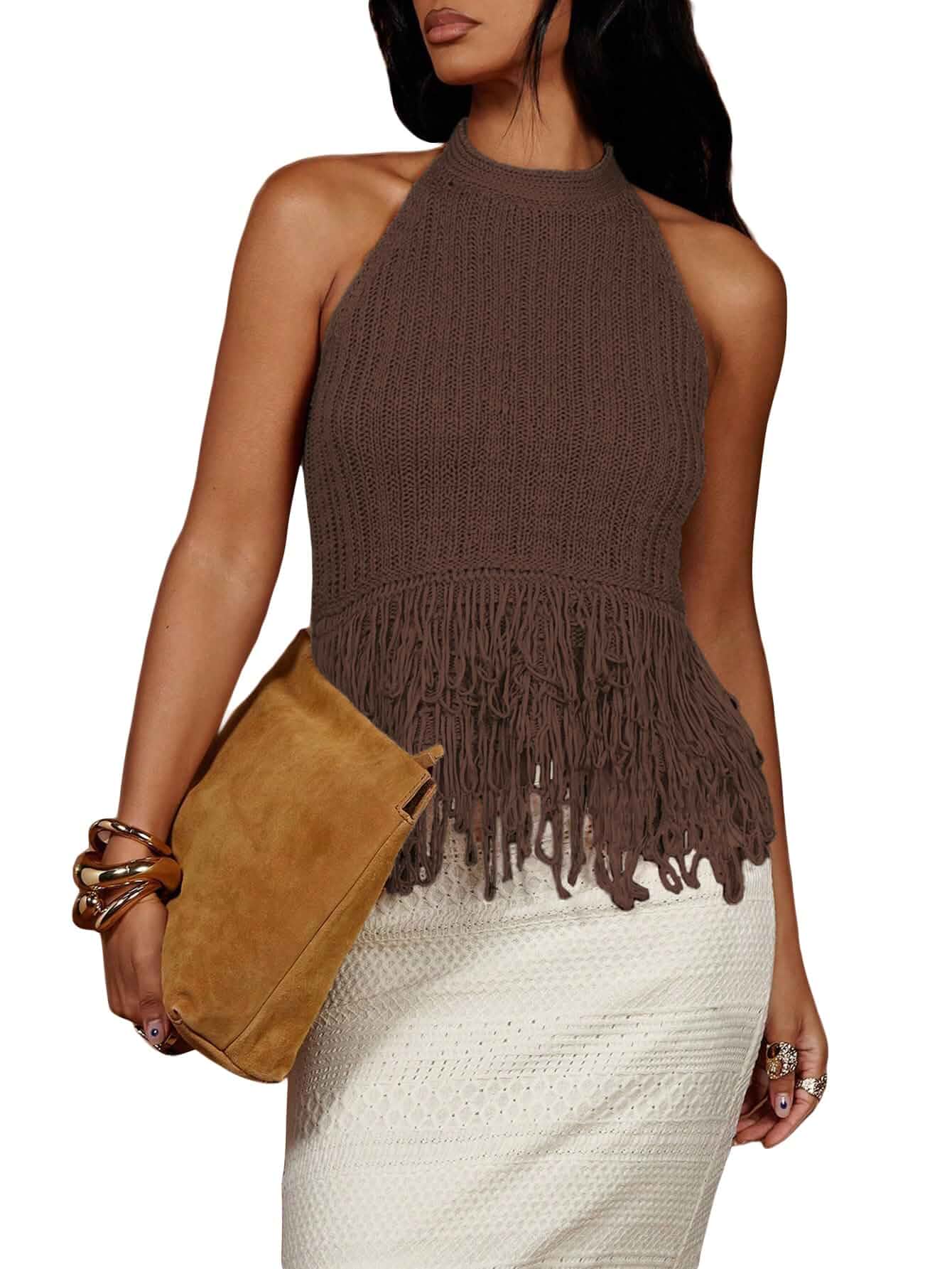 SweatyRocks Women's Boho Fringe Halter Tops Open Back Knit Crochet Tank Top Tassel Knit Crochet, Boho Festival Top, Western Cowgirl, Summer Vacation Tops, Coachella Concert Outfits