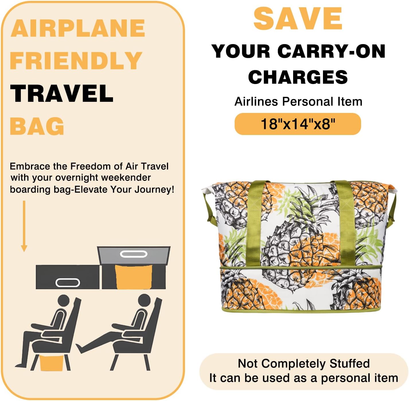 Expandable Travel Duffel Bags for Women Large - Gym Bag Waterproof Pineapple Weekender Beach Tote Carry on Bag with Luggage Sleeve for Spirit Airlines Personal Item Bags Overnight Mom Hospital Duffels