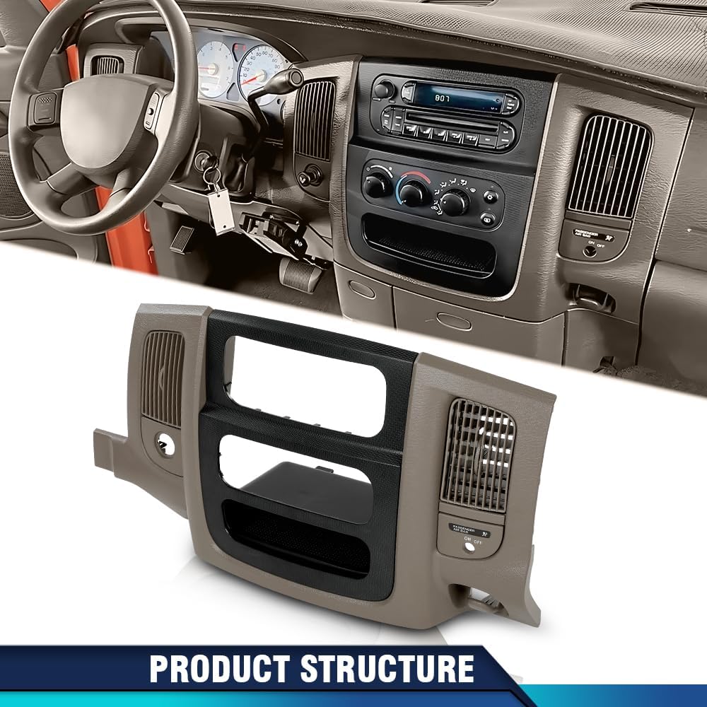 PIT66 Dash Center Radio Bezel Trim Panel w/Storage Box&Switch Hole Air Vent Compatible with Dodge Ram 1500 2002-2005/Fit Dodge Ram 2500 3500 2003-2005 Solid Beige