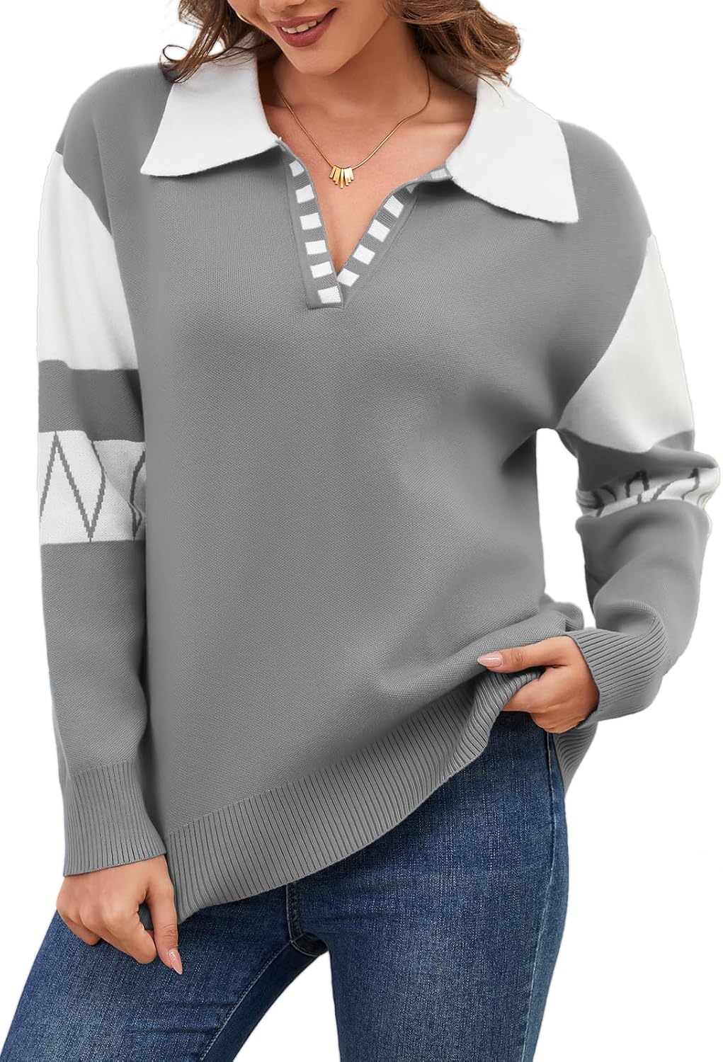 ANCAPELION V Neck Sweaters for Women Long Sleeve Colorblock Striped Knitted Pullover Fall Loose 2025 Trendy Jumper Tops - Image 2