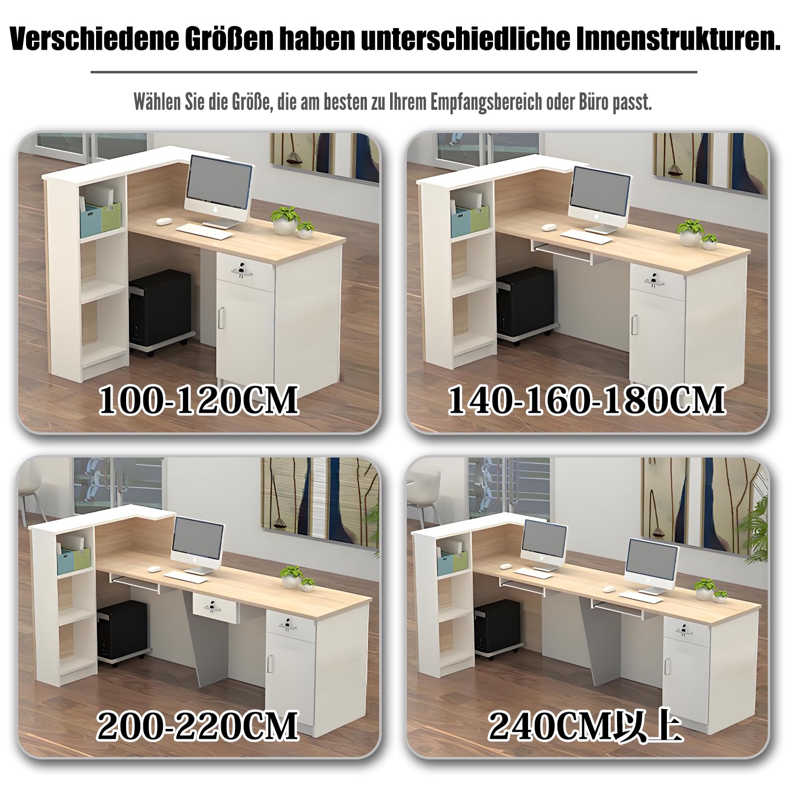 Empfangstheke Rezeptionstheke Verkaufstresen aus Holz mit Stauraum – 100–300 cm Langer Kassentisch Theke für Büro Praxis Friseursalon Kosmetikstudio Laden Empfangsbereich Beratung