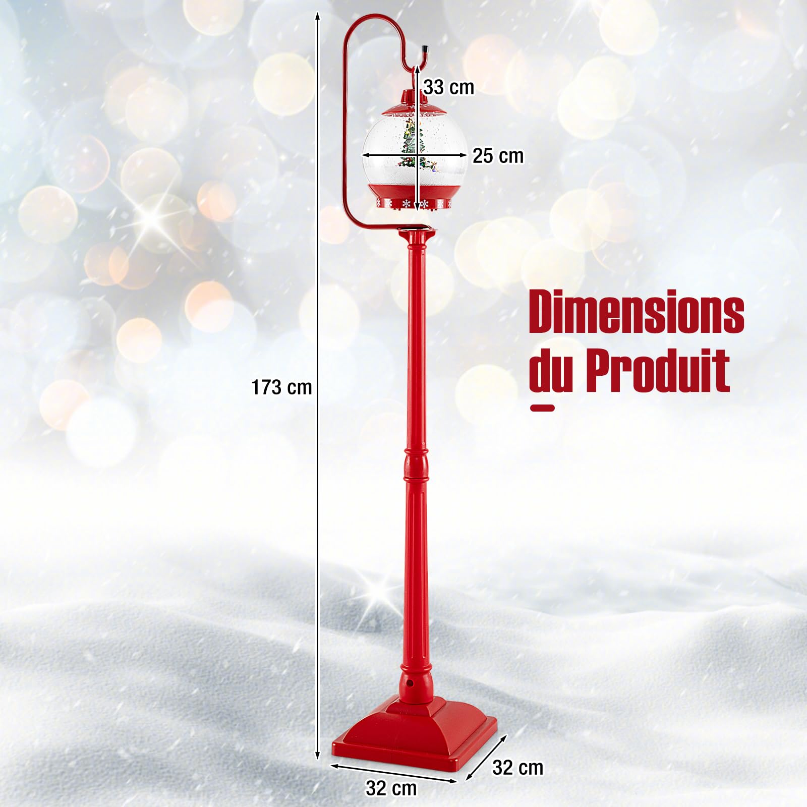COSTWAY Lampadaire Musical de Noël de 173 cm, Lampadaire avec Lanterne à Boule de Neige Activée par Le Son Arbre Rotatif Père Noël Cerf Bonhomme de Neige, Décoration Lampe pour Maison Porche