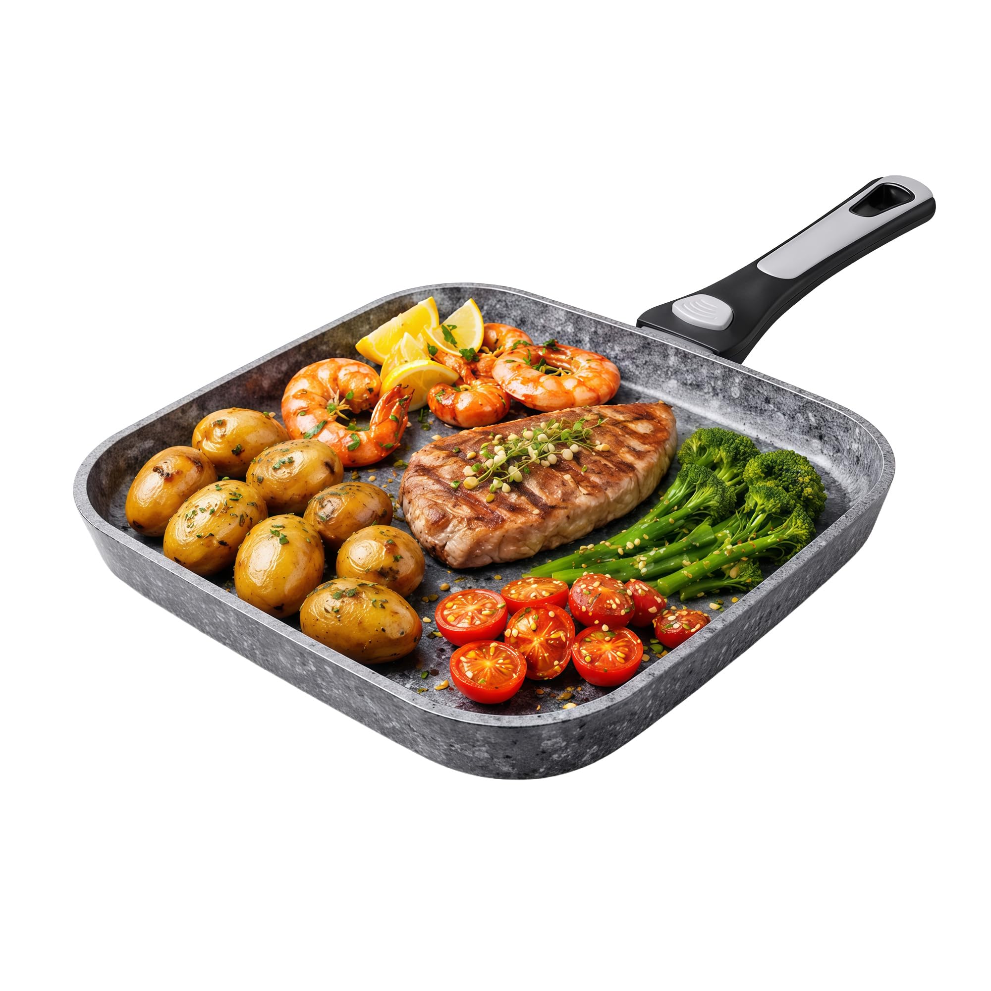 HOUSZY Non-Stick Grill Pan with Removable Bakelite Handle 26cm – Grill Pan for All Hobs – Non-Stick, Food-Safe, Eco-Friendly Aluminium Build