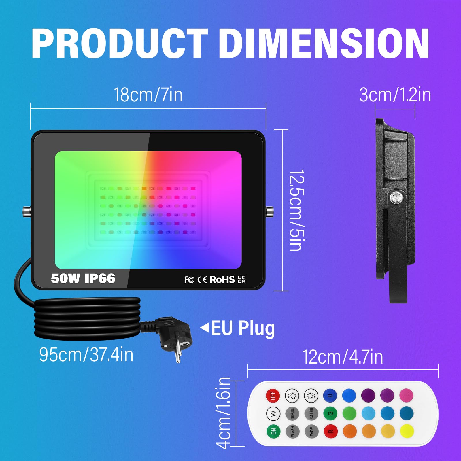 RIGIDON 2X 50W Foco Led RGB Exterior/Interior, 5000LM APP Control Remoto Proyector Led, Minutero Multicolor RGBW Regulable Luz de pared Para Jardín,Fiestas, Terraza, IP66 Impermeable Floodlight