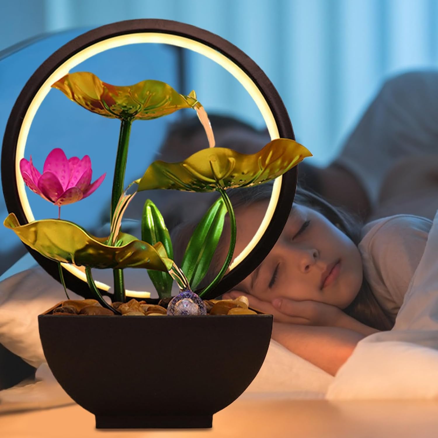 Indoor Water Fountain Waterfall Lotus Leaf Indoor Water Features Light Up Tabletop Fountain Indoor USB 3-Tier Water Fountain for Living Room Office Green