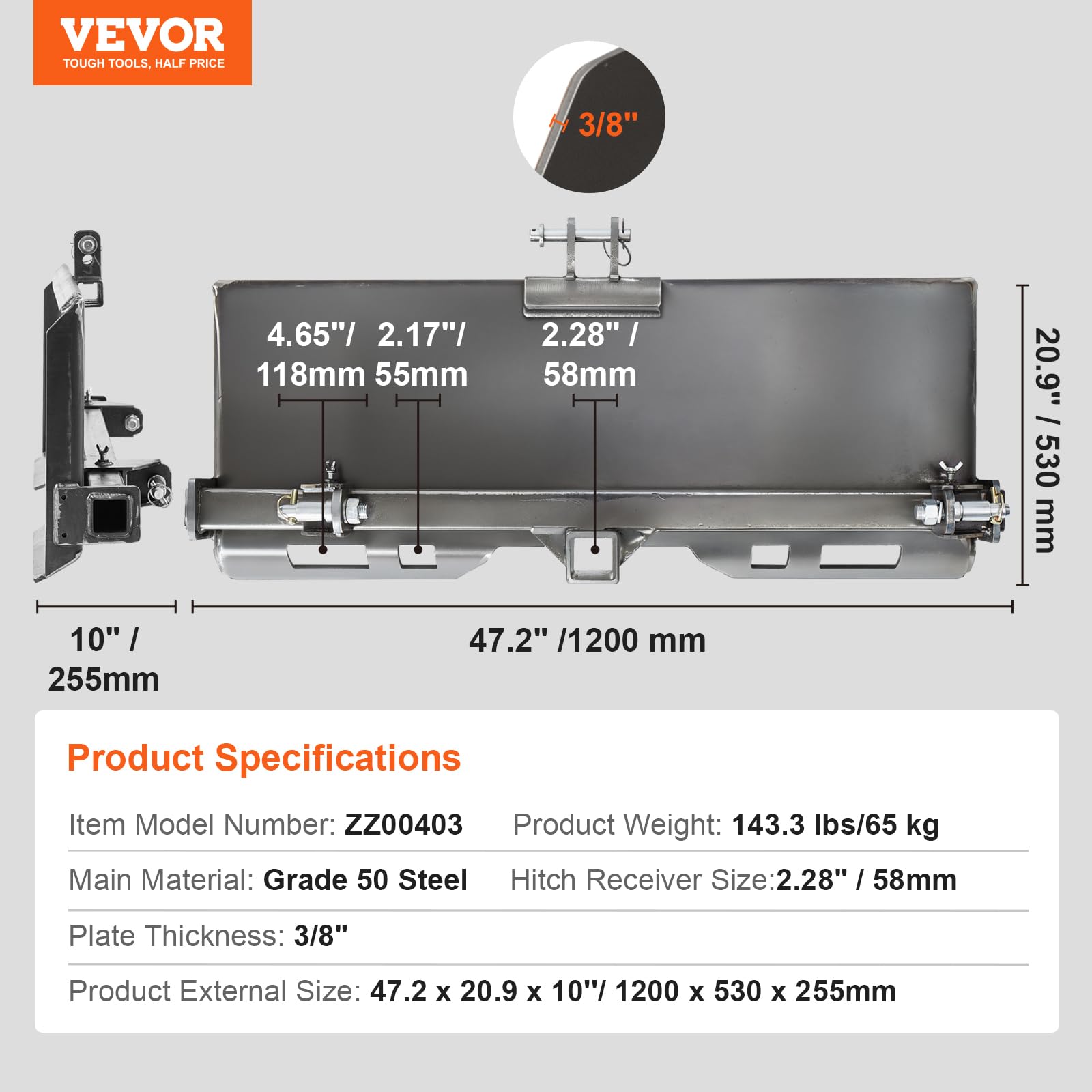 VEVOR Placa Universal de 3 Puntos para Minicargador, 1200 x 530 x 255mm, Placa de Fijación Cargador Adaptador de Acero con Placa de Montaje para Minicargador, Compatible con Minicargador y Tractor
