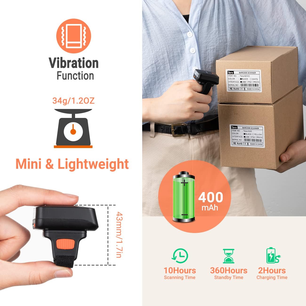 Image highlighting the vibration function, mini and lightweight design (34g/1.2oz), and battery specifications (400mAh, 10 hours scanning, 360 hours standby, 2 hours charging).