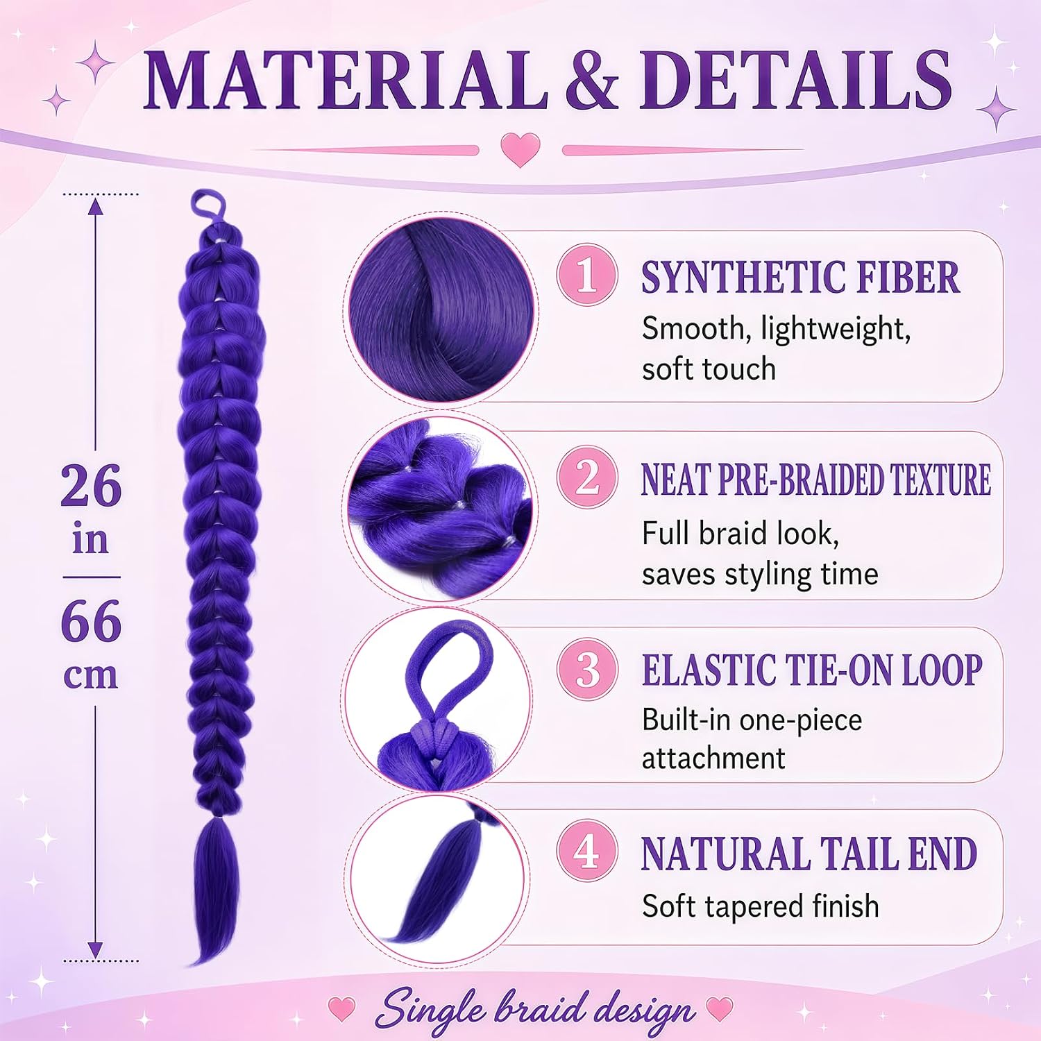 Purple Braids Ponytail Hair 26 Inch, Pre Braided Ponytail Extension with Tie Easy Tie On Long Braid Hair Extension for Halloween Costume Cosplay Party (purple, 26 Inch)