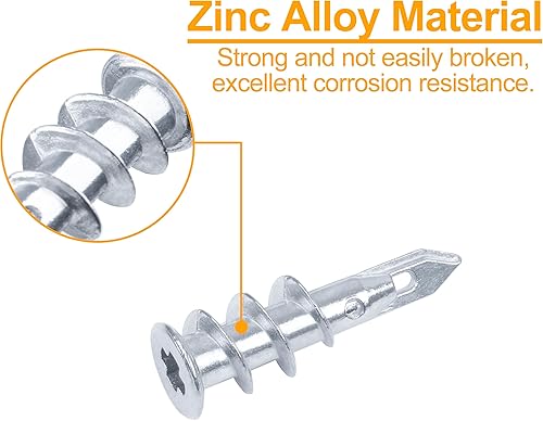 Miniatura 2 de KURUI Anclajes autoperforantes de zinc para paneles de yeso #8, kit de 60 anclajes y tornillos de pared de metal hueco, 30 anclajes resistentes +
