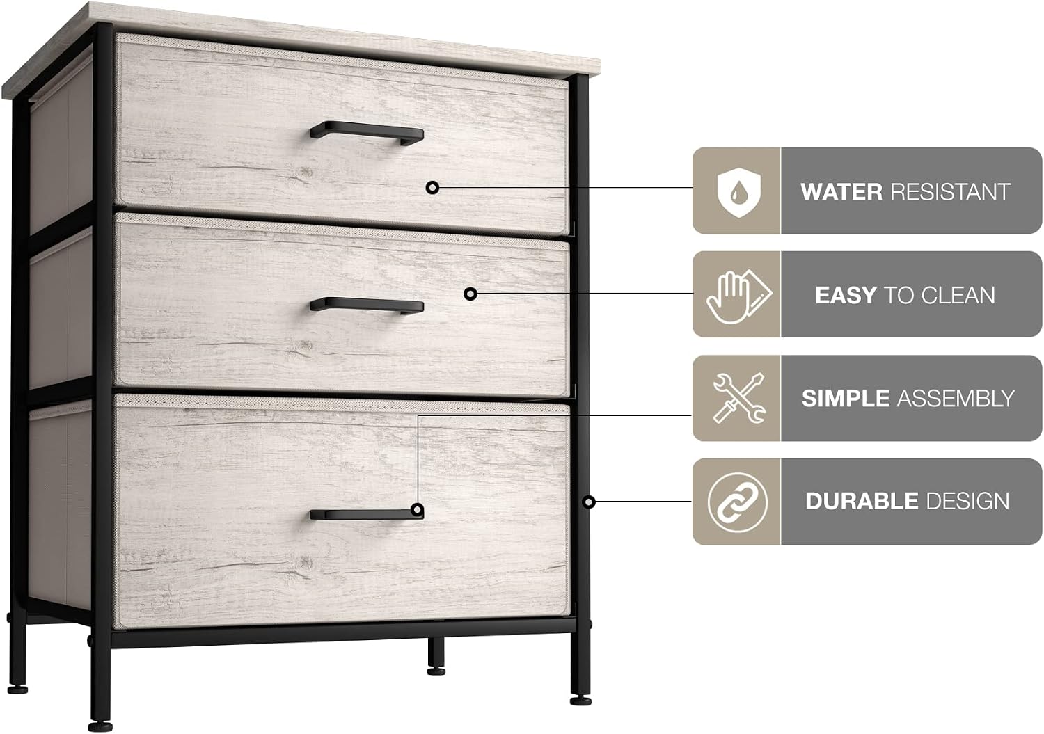 Sorbus Nightstand Dresser with 3 Faux Wood Drawers - Bedside Table Chest with Storage, Steel Frame, Wood Top, Easy Pull Fabric Bins for Bedroom, Living Room, Closet & Dorm Furniture Lamp Stand
