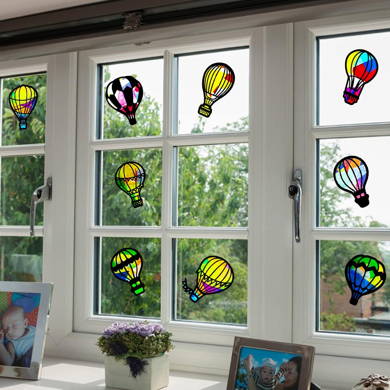 ORIGACH 48 Pcs Hot Air Balloon Suncatcher Kit, 12 Types Hot Air Balloon Tissue Paper Stained Glass Kit with Colored Tissue Paper for Window Classroom Art Craft