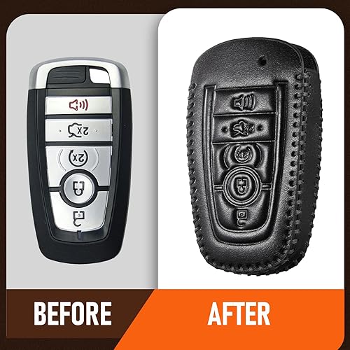 Miniatura 6 de Slohif Accesorios de cuero para Ford para llavero Edge Escape Expedition Explorer Fusion Mustang Ranger F-150 F-250 5 botones funda de cuero  anillo