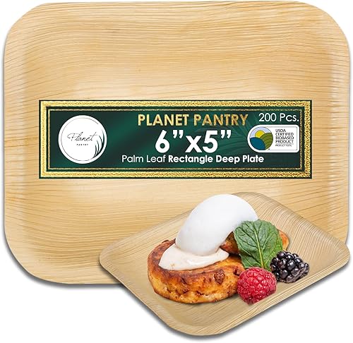 Vista 14 de Platos profundos rectangulares desechables de hoja de palma de 6 x 5 pulgadas (25 piezas) Platos de bambú de madera compostables para fiestas