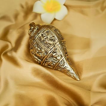 Ekhasa 100% Pure Brass Shankh with Ganesha Carving | Decorative Brass Conch for Temple, Pooja, and Mandir Decor | Shankh Showpiece for Home | Traditional Brass Shell for Spiritual Use   Pack of 1