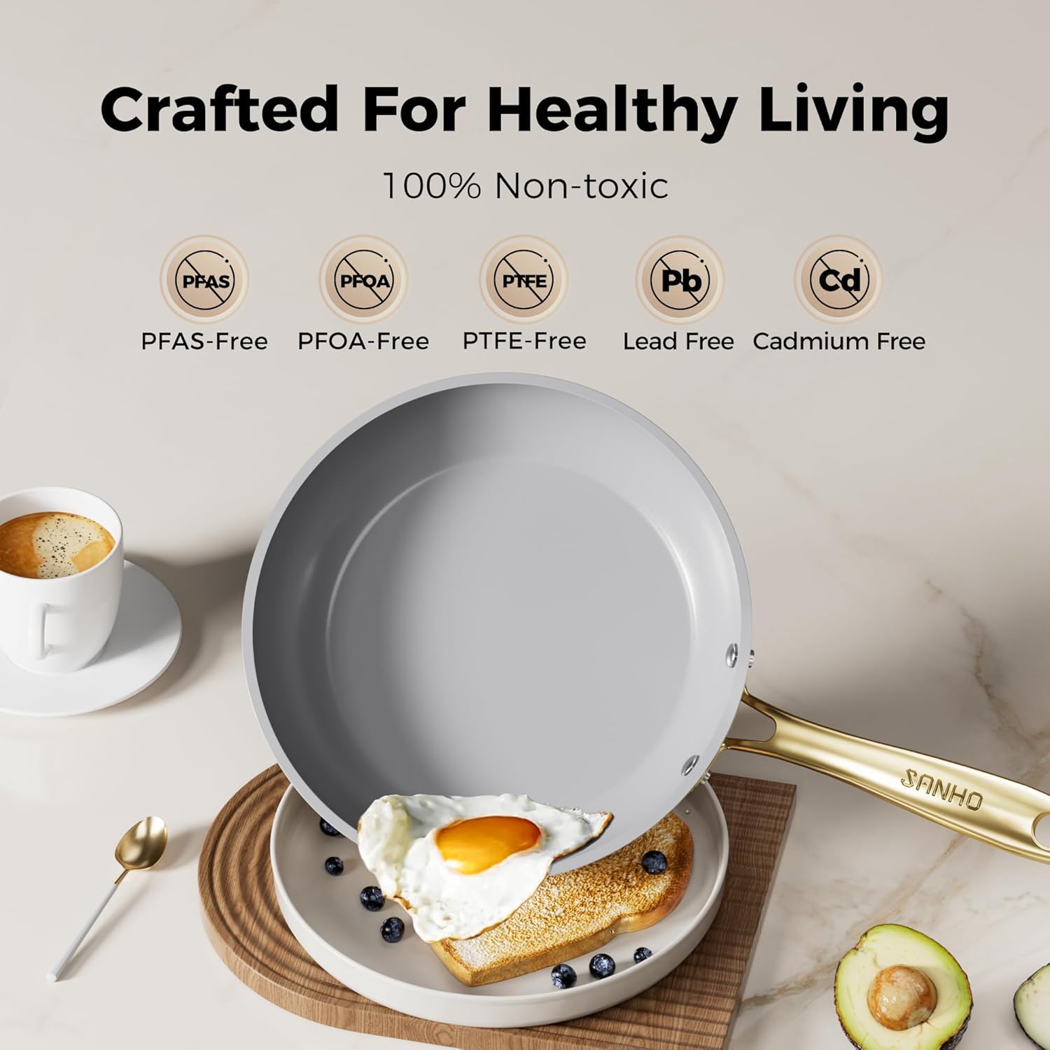 Sanho 10 Inch Nonstick Frying Pan, Diamond-Titanium Ceramic Coating PFAS/PFOA Free, Oven & Dishwasher Safe Skillet, Induction Compatible with Cool Touch PVD Handle