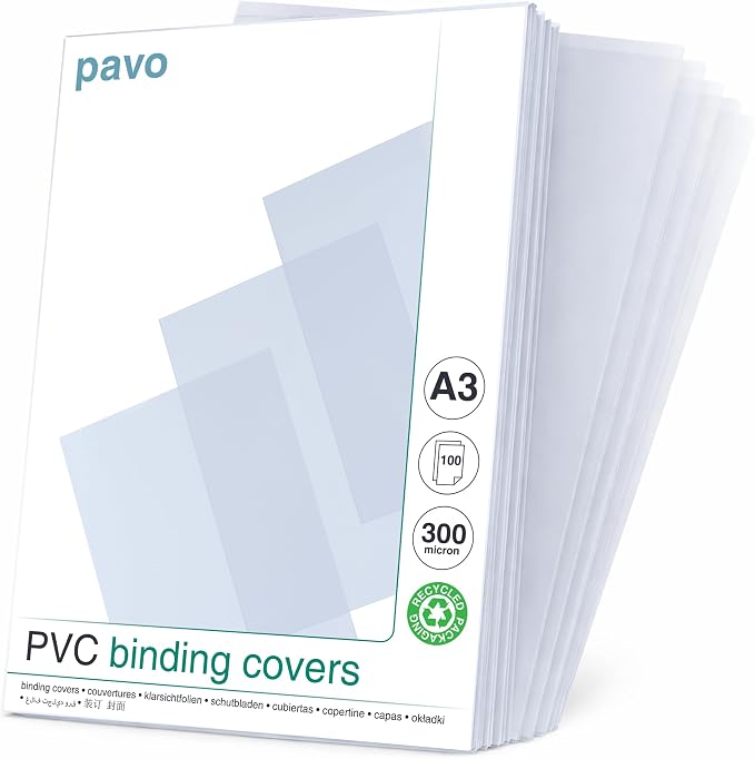 Pavo - A3 Portadas para encuadernar de PVC transparente, 300 micras, pack…