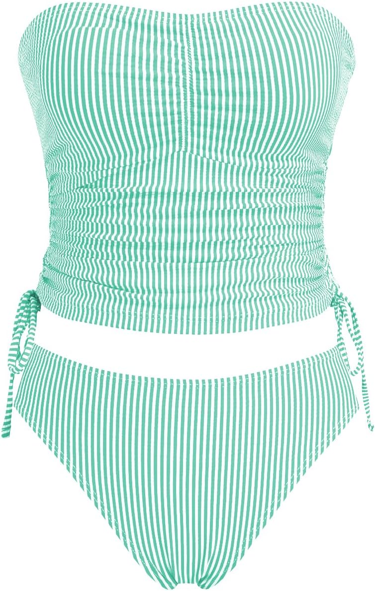 Women's Striped Bandeau Tankini Swimsuits Side Drawstring Two Piece Swimsuit Thong Bathing Suit