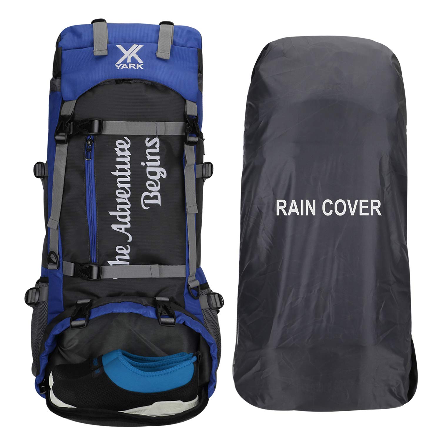 Yark 65Ltrs. Blue Rucksack for Trekking, Hiking with Laptop & Shoe Compartment (Rain Cover) (Blue)