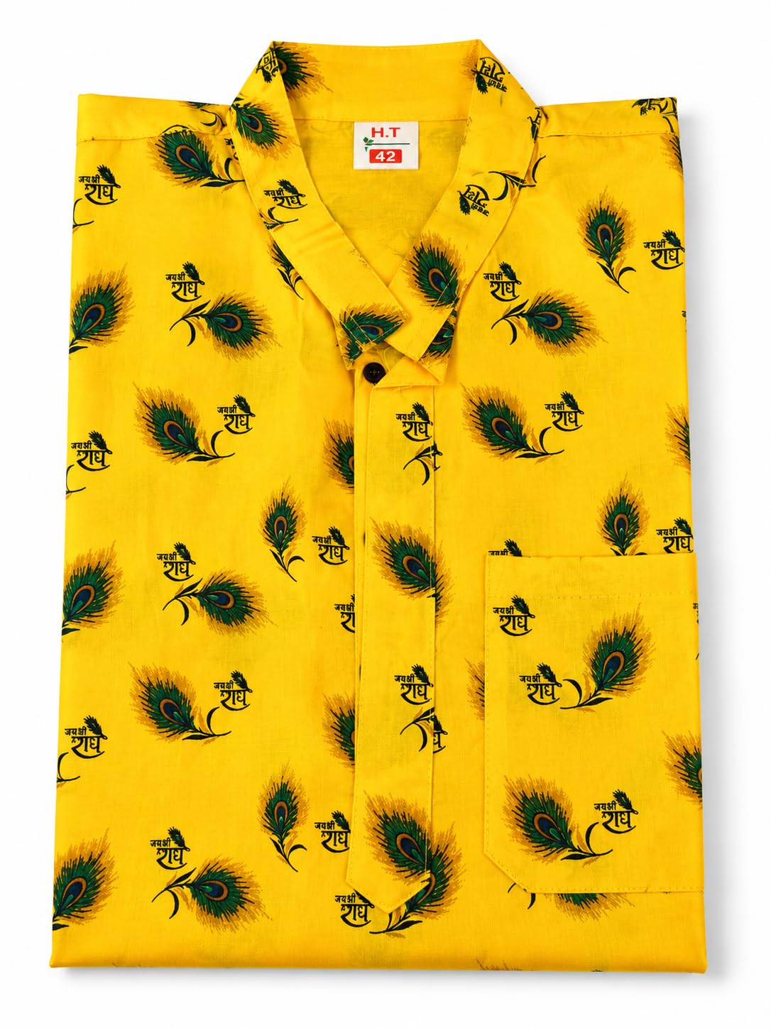 Bhagwakart Men's Yellow Printed Cotton Kurta with Radhe Text & Peacock Feather Design-picture-15