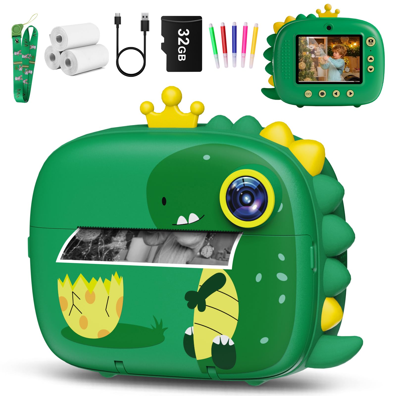 Hangrui Macchina Fotografica Bambini Istantanea,2.4 Pollici Fotocamera Istantanea Bambini con 32G,12MP/1080P HD Videocamera Fotocamera Digitali per Bambino, Regalo per Bambini dai 3-12 Anni