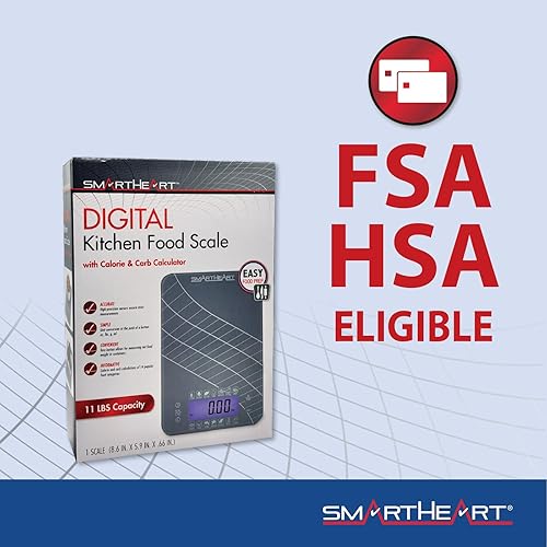 Miniatura 9 de SmartHeart Báscula digital de cocina con calculadora de calorías y carbohidratos, sensores de precisión, plataforma de vidrio templado, conversiones